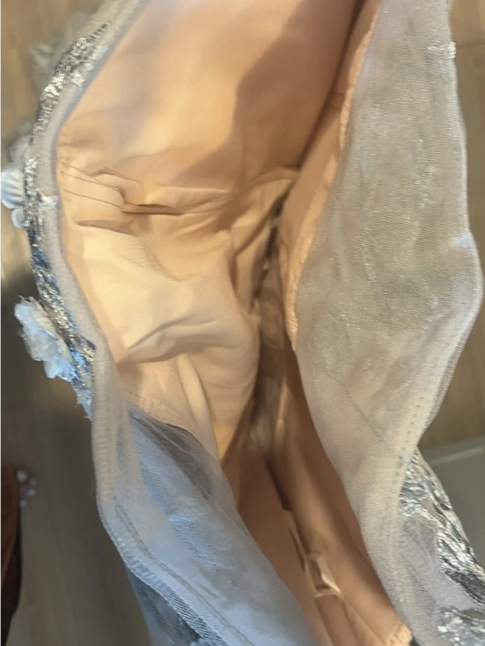 One-Shoulder Blush Gown with Silver Floral Appliqué